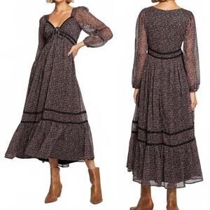 Saltwater Luxe Floral Midi Dress S Sheer Boho Tie Front Black Cottagecore Fall